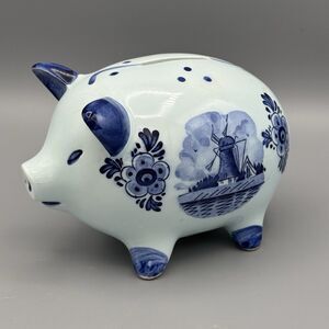 Vtg DBL Brand Glazed Ceramic Blue & White Piggy Bank with Windmill Floral Design